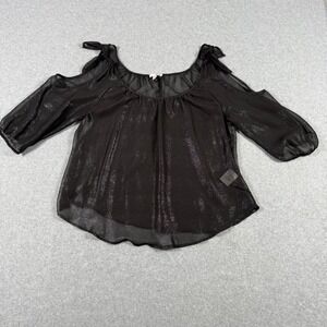 Vintage Y2K Bongo XL Black Shimmer Glitter Cold Shoulder Tie Blouse Sheer Top